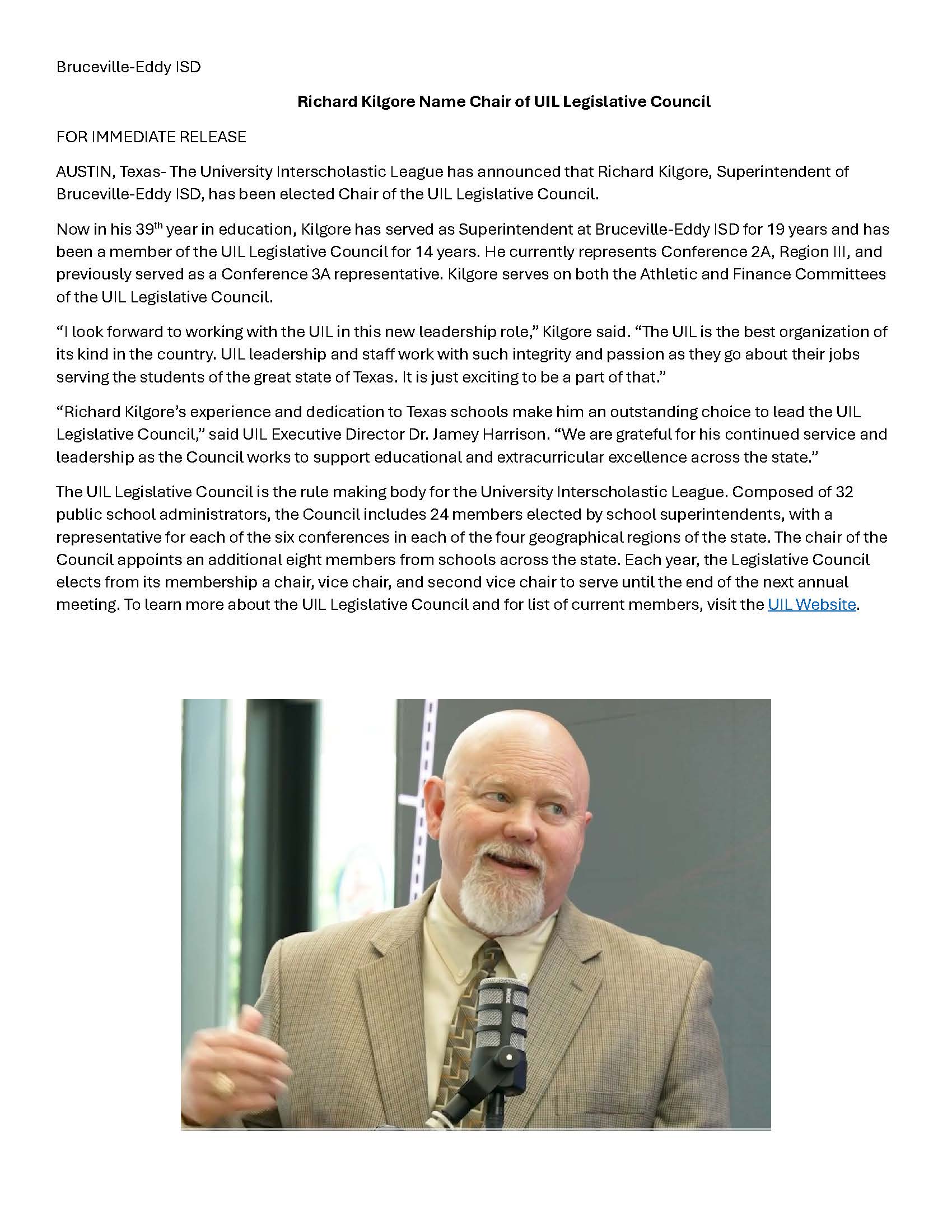 Richard Kilgore Named Chair of UIL Legislative Council